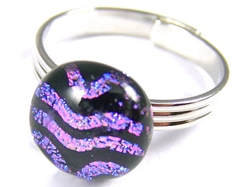 Adjustable Glass Ring - 1/4" 7mm - Purple Pink Black Squiggle Stripes Patterned Fused Glass Tiny Dichroic Glass Striped Nugget