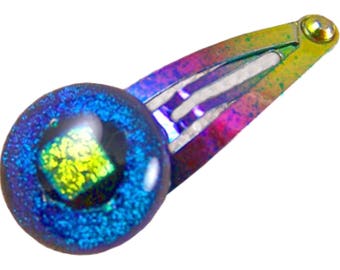 Dichroic Glass Hair Clip 12 12mm Blue Cobalt Green Teal Verdigris Purple Geometric Patterned Patchwork Round Fused Glass Metal Snap Clip