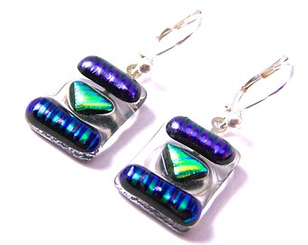 Dichroic Glass Hair Clip 12 12mm Blue Cobalt Green Teal Verdigris Purple Geometric Patterned Patchwork Round Fused Glass Metal Snap Clip