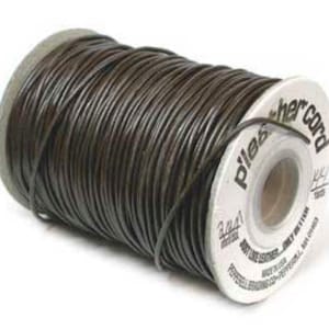 May include: A spool of dark brown leather cord. The cord is tightly wound around a white cardboard spool. The spool has the words "leather cord" printed on it. The cord appears to be approximately 3 mm in diameter.
