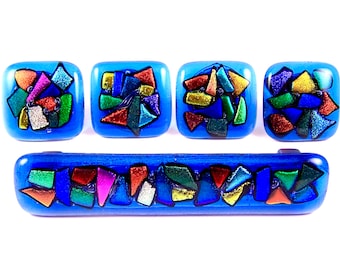 Boutons et tirettes en verre dichroïque - Armoire en vitrail mosaïque abstraite ou poignée de tiroir - 1 « / 25mm - Cuivre bleu cobalt or sur mesure