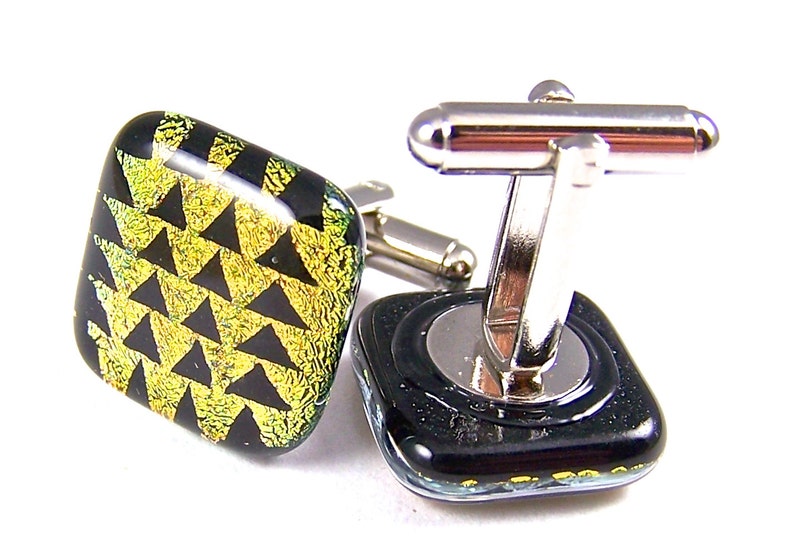 20mm 34 Glass Cuff Links Dichroic Cuff Links Yellow Golden Copper /& Black Triangles Pyramids Patterned Dichro Fused Glass Cufflinks