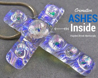 Dichroic Glass Pet Cremation Ashes Jewelry - CROSS Clear Moonstone Blue Pink Opal Accents Fused Memorial Pendant - Custom Made Choose Color