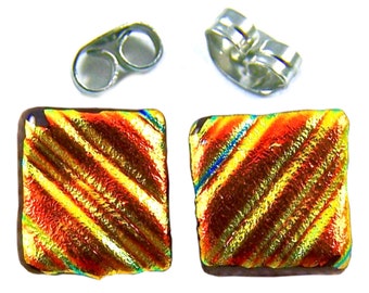 Dichroic Earrings Tiny Glass Studs - 1/4" 8mm 10mm Golden Copper Orange Sunset Ripple Striped Fused Glass Wavy Textured Surgical Steel Post