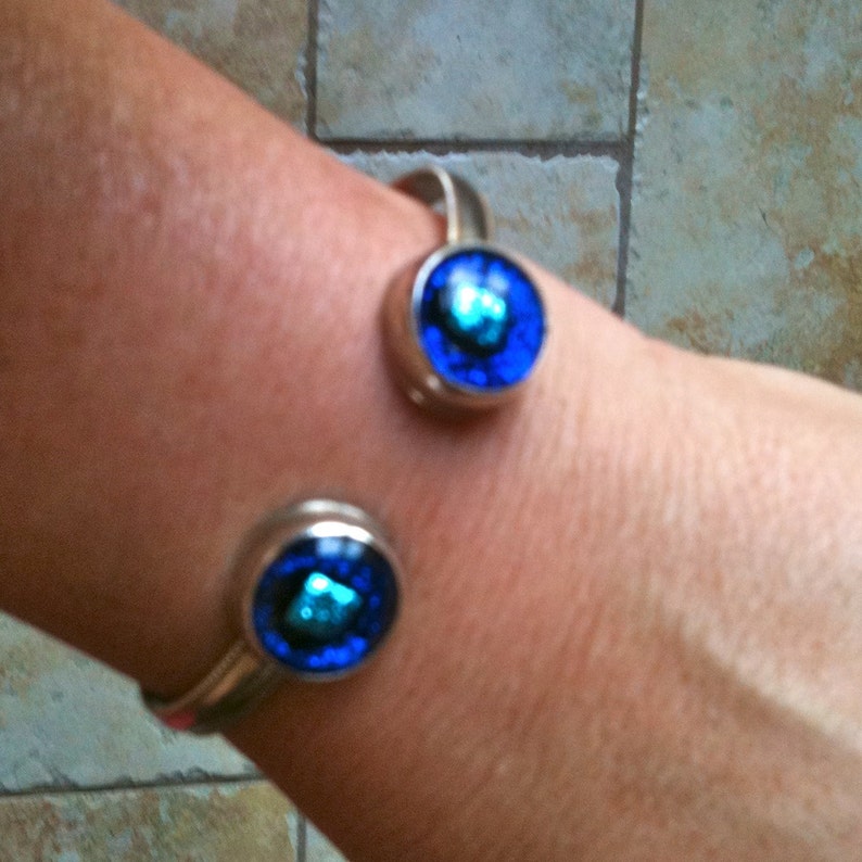 Dichroic Glass Cuff Bracelet Sterling Silver Verdigris Teal Green 12 Inch 12mm Hand Crafted Fused Glass Cabochons Bezel Set Sterling