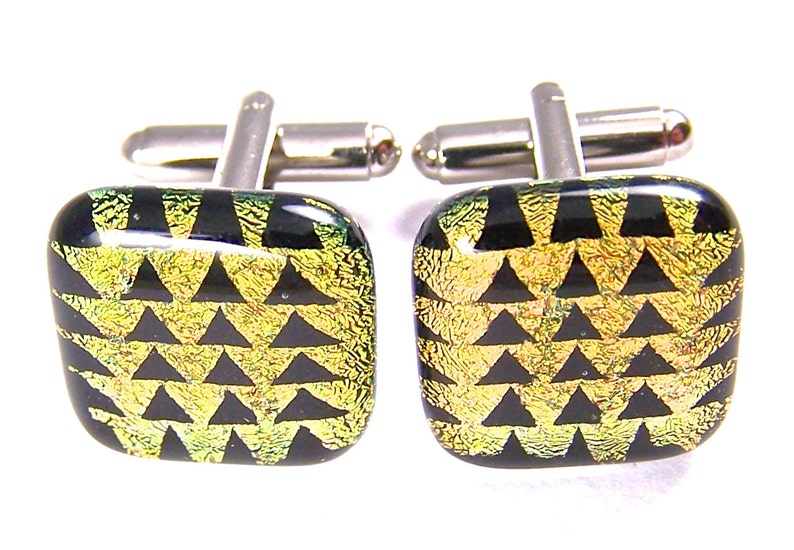20mm 34 Glass Cuff Links Dichroic Cuff Links Yellow Golden Copper /& Black Triangles Pyramids Patterned Dichro Fused Glass Cufflinks