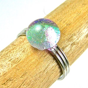 Dichroic Glass Ring Adjustable - Tiny 1/4" 8mm - Clear Gold Lime Green Round Dot (Golden Yellow Green and Shifts to Opal Pink Morphing Glow)