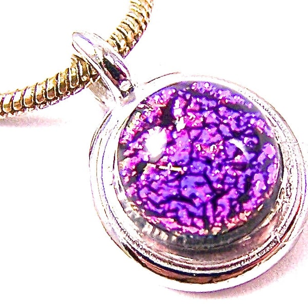 Dichroic Glass Pendant - Pink Fuchsia Magenta Fused Glass Round Silver Plated Pewter Bail - 1/4" Dicro Dot Nugget Dichroic Cabochon Small