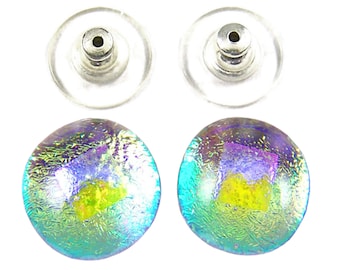 Boucles d'oreilles à tige en verre dichroïque - Or jaune doré néon avec point accentué d'opale rose magenta - Éclat pierre de lune 1/2" 12 mm - Puces à tige ou à clip
