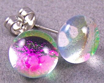 Tiny DICHROIC Post EARRINGS 1/4" 7mm Pastel Rose Metallic PINK Fused GLASS STUD 
