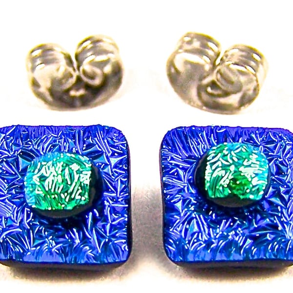 Dichroic Glass Earrings Stud Post TINY - Sapphire Navy Cobalt Blue & Emerald Jade Green Fused Glass Crinkle Dichro Square Studs - 1/4" 7mm