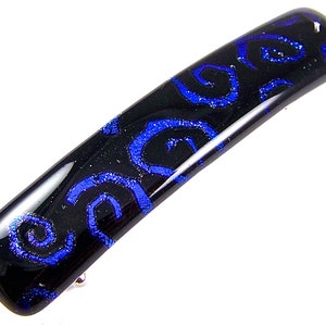 Dichroic Glass Barrette - Blue Sapphire Cobalt Navy Black Spirals Coils Swirls Patterned Dicro Fused Glass - 2.5&quot; 65mm Small Hair Clip Slide
