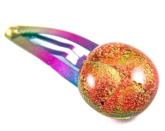 Barrette à cheveux en verre dichroïque - Pois orange, rouge et cuivre, bulles dichroïques, verre fusionné texturé, pince en métal anodisé - 12 mm (1/2")