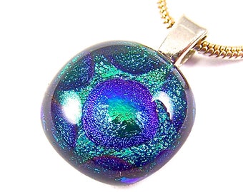 Dichroic Glass Pendant - Green Emerald Jade Blue Purple Violet Polka Dots Patterned Dichro Bubbles - 1/2" / 12mm Stained Glass Fused Glass