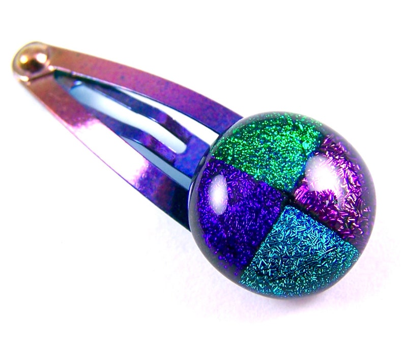 Dichroic Glass Hair Clip 12 12mm Blue Cobalt Green Teal Verdigris Purple Geometric Patterned Patchwork Round Fused Glass Metal Snap Clip