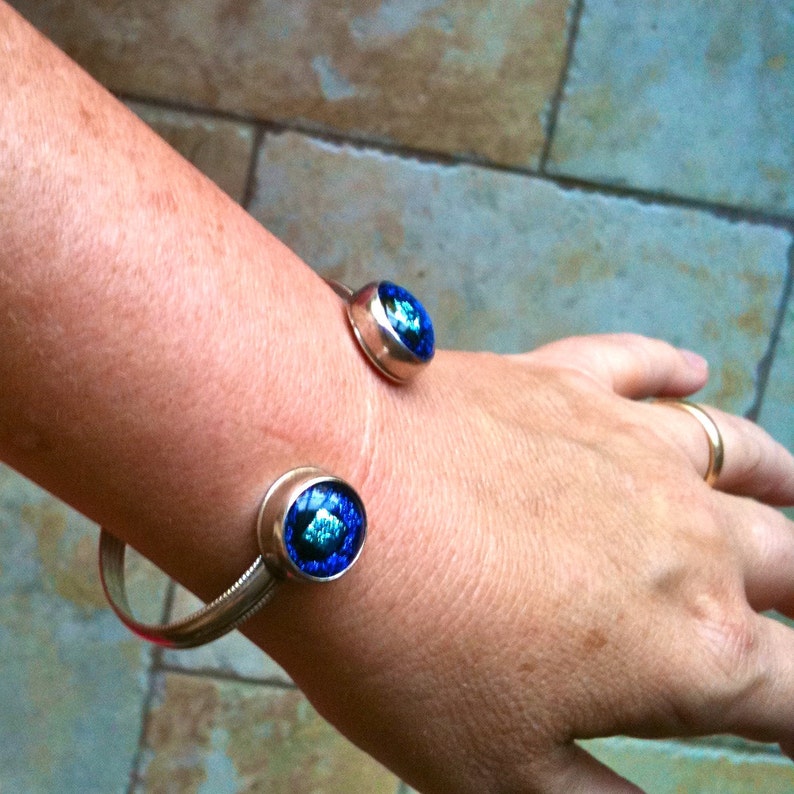 Dichroic Glass Cuff Bracelet Sterling Silver Verdigris Teal Green 12 Inch 12mm Hand Crafted Fused Glass Cabochons Bezel Set Sterling