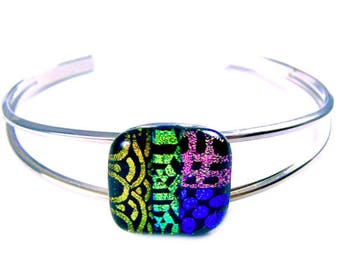 Dichroic Glass Cuff Bracelet - 3/4" 20mm Patterned Patchwork Square Pink Blue Gold Copper Yellow Green Black Mesh Dots Rainbow Fused Glass