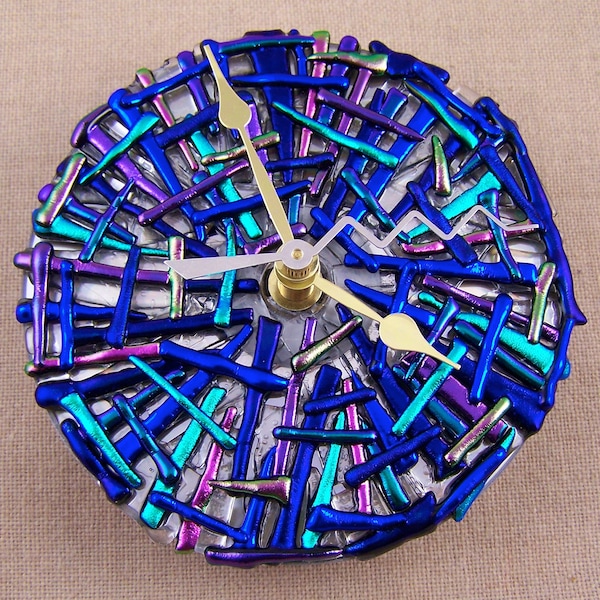 Mosaic Clock - Dichroic Glass Medallion - Blue Green Purple Cobalt Teal Violet Emerald Fused Stained Glass on CD - 5 Inches Round