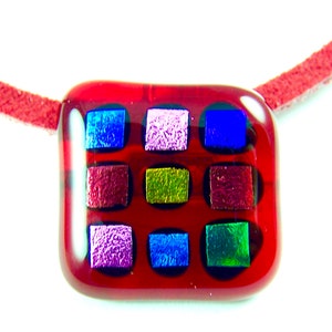 Dichroic Glass Pin AND Pendant - Rainbow Gemstone Grid Ruby Red Scarlet Crimson Green Pink Blue Orange Black Gold Polka Dots Square 25mm 1"