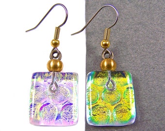 Dichroic Glass Dangle Earrings - Golden Yellow Pink Polka Dotted Bubbles Patterned Clear Fused Glass- Surgical Steel French Wire Or Clip On