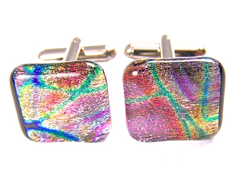 DICHROIC Glass Earrings Round Purple Violet Striped Texture Post 1//4/" 10mm STUDS