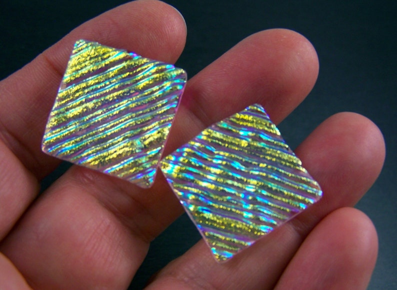 Clear Diamonds /& Ice Fused Glass 34 20mm Square Hints of Pink Blue Green Gold Golden Yellow Ripple Textured Dichroic Cuff Links Glass
