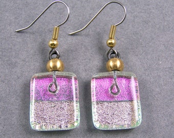 Dichroic Glass Earrings Dangle - CLEAR Magenta Pink Soft Pastel Rose Opal Moonstone Ice Fused Glass - 3/4" 20mm - Gold Surgical Steel Wire
