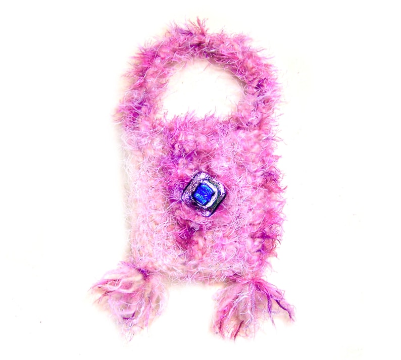 Dichroic Glass Clasp Jewelry can be removed and worn as jewelry Pin pendant Tiny Wool Purse Crochet Pretty Pastel Pink Fuzzy Fluffy