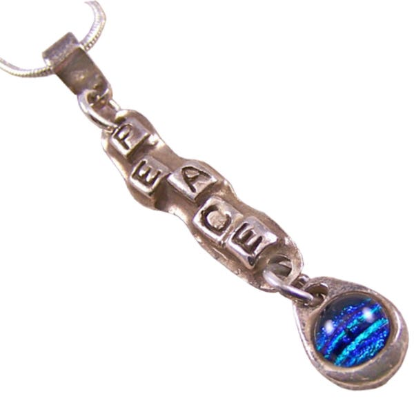 PEACE Pendant Fine Silver Blue Dichroic Glass - 99.9% Fine Silver PMC Precious Metal Clay Fused Glass Pendant Peace Blue Glass Striped Dot