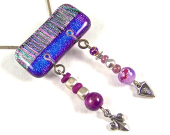 Dichroic Glass Pin AND Pendant - Magenta Blue Striped Pink Fused Glass - Dangle Beaded Beads Fleur-de-lis & Triangle - Silver Fuchsia Mauve