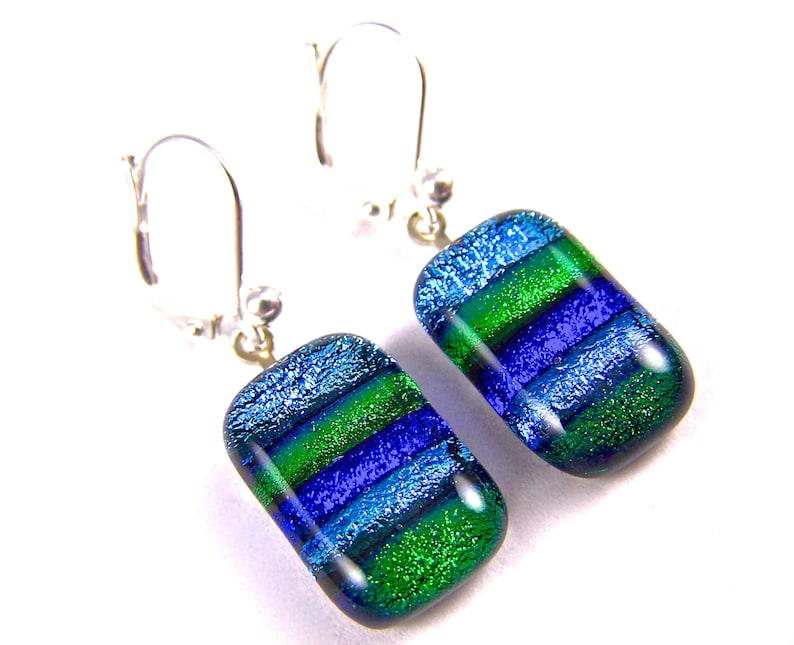 Striped Emerald Green Bright Sky Blue Sapphire Skinny Rainbow Dichroic Glass Earrings EuroWire Lever Dangle or Convert to Clip-On