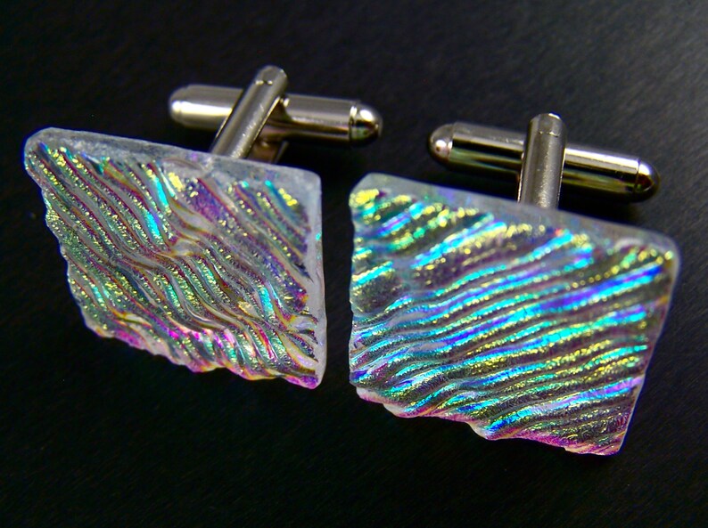 Clear Diamonds /& Ice Fused Glass 34 20mm Square Hints of Pink Blue Green Gold Golden Yellow Ripple Textured Dichroic Cuff Links Glass