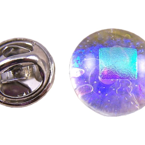 Tie Tack - Dichroic Fused Glass - 1/2" Blue Ice Clear Moonstone Opal / Emerald Green Top - Scarf Pin Flair for Suspenders Hat or Coat