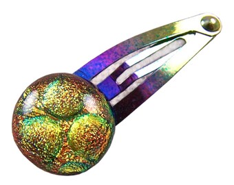 Barrette à cheveux en verre dichroïque - Cuivre, or, jaune, pois, bulles texturées, verre fusionné, métal anodisé, pince à pression 1/2" (12 mm)