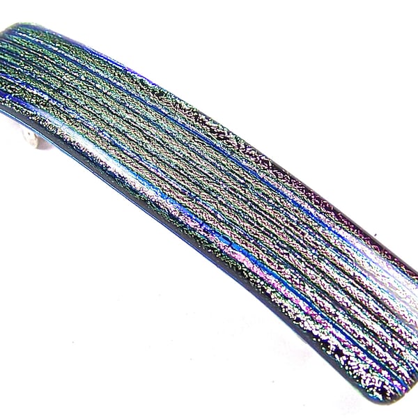 Dichroic Glass Barrette - Soft Pink Pastel Carnation Green Blue Stripes Patterned Textured Reed - Large 3.5" / 90mm Hair Clip Slide