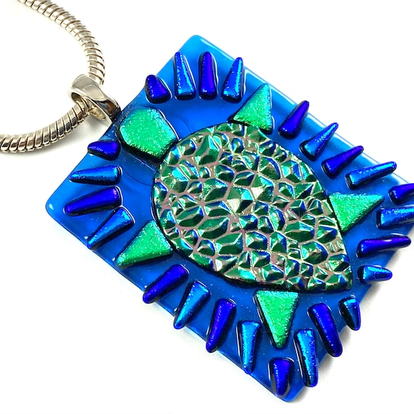 BIG Sea Turtle Pendant - Dichroic Fused Glass Green Lime Blue Cobalt Teal Purple Polka Dotted Striped Patterned Terrapin Textured  2" 5cm