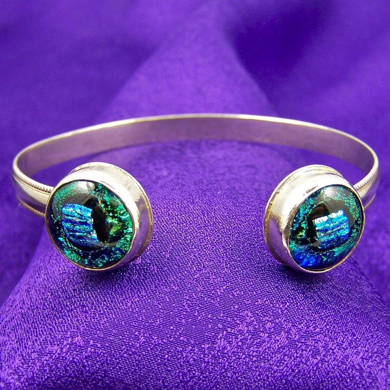 Dichroic Glass Cuff Bracelet Sterling Silver Verdigris Teal Green 12 Inch 12mm Hand Crafted Fused Glass Cabochons Bezel Set Sterling