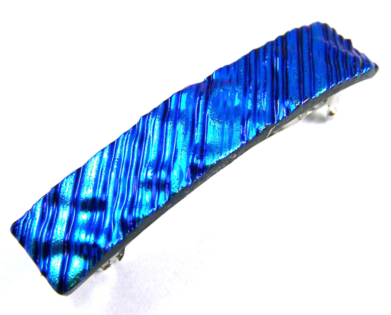 Fused glass blue silver barrettes with dicrotic glass sparkle! Dichroic Glass Barrette 3.5 main image 4