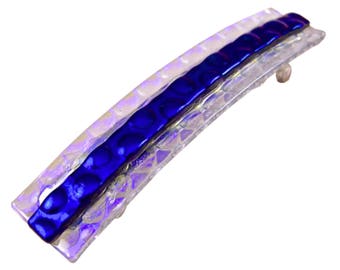 Dichroic Glass Barrette - 3.5" 90mm Cobalt Blue Polka Dot Patterned Fused Glass Bubble Bumps on Clear Blue Metallic Glass Radium Circles