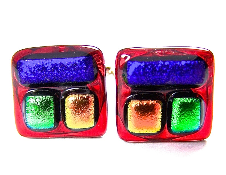 Mens Formal Wear Cuff Links Dichroic Glass 12 15mm Red Blue Sapphire Green Orange Dichro Squares Patchwork Patterned Fused Glass