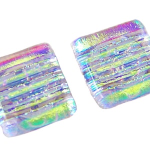 Dichroic Glass Earrings - Golden Yellow CLEAR Striped Fused Glass - 1/2" 12mm - Post Surgical Steel Studs or Clip-On Diamonds & Ice Glass