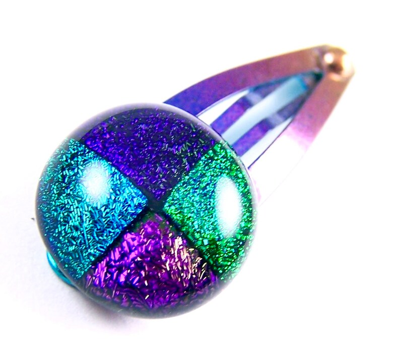 Dichroic Glass Hair Clip 12 12mm Blue Cobalt Green Teal Verdigris Purple Geometric Patterned Patchwork Round Fused Glass Metal Snap Clip