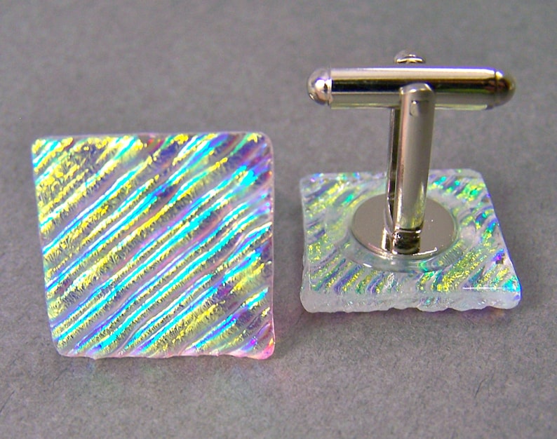 Clear Diamonds /& Ice Fused Glass 34 20mm Square Hints of Pink Blue Green Gold Golden Yellow Ripple Textured Dichroic Cuff Links Glass