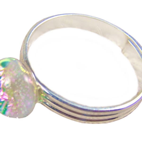 Dichroic Glass Adjustable Ring - 1/4" 8mm - Clear Pink Opal with Green Jade Fused Glass Transmitted Colors (LOOKS PINK) Tiny Dichroic Nugget