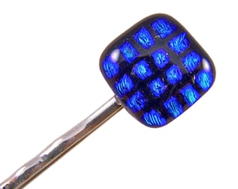 Dichroic Glass Bobby Pin - Blue Sapphire Cobalt and Black Polka Dotted Dichro Squares Checkered Patterned - 1/2" 12mm - Hair Accessories