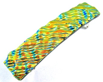 Barrette en verre dichroïque - Petite 2,5"/65 mm Or Cuivre Orange Doré Ondulations Vagues reflets verts Verre fusionné Motif rayures métalliques