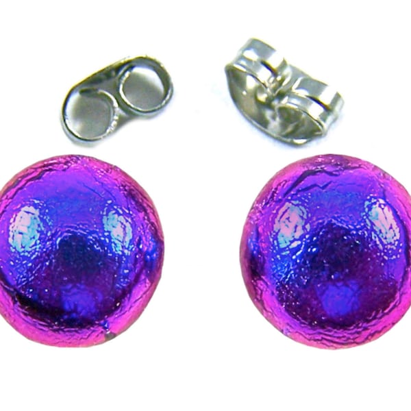 Tiny Dichroic Stud Post Earrings - 1/4" 6mm 7mm - PINK Magenta Fuchsia w Violet Blue Tones Fused Glass Lolly Pop Studs Surgical Steel Post