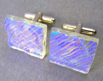 Boutons de manchette en verre dichroïque - Bleu cobalt, vert, violet, jaune texturé à rayures - Diamants transparents et verre fondu - 3/4" 20 mm carré