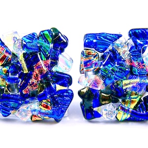 Dichroic Knobs - Set of 2 - Drawer Pull Cabinet Handle - Mosaic 1" / 25mm Green Teal Clear Blue Copper Custom Made Fused Glass Kitchen Bath