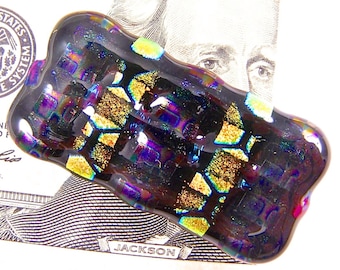 Pince à billets en verre dichroïque - Verre fusionné dichroïque - Arc-en-ciel ondulé à rayures noires, or violet, couches ondulées à motifs Dichro texturé - 2 po. 50 mm